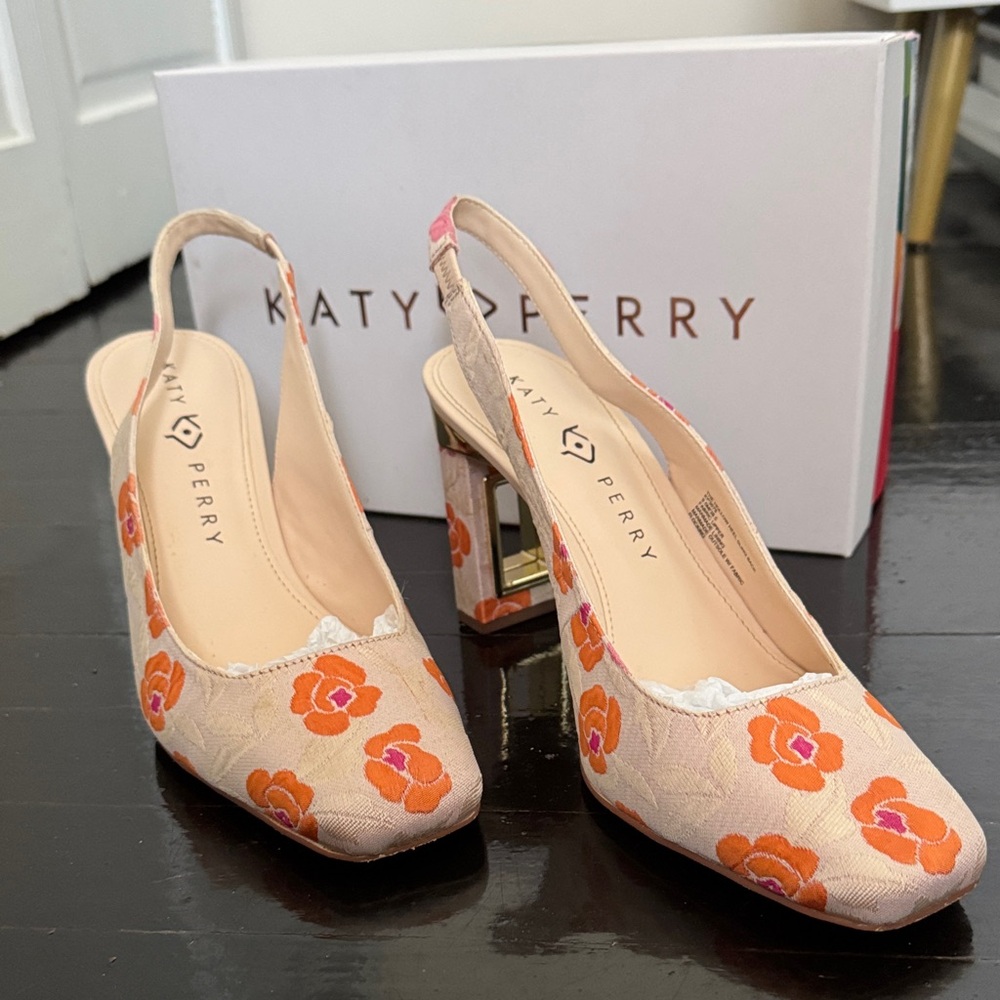 Katy Perry Collections Floral Slingback Heels - Cream and Orange